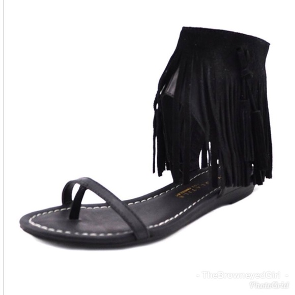 NEW Black Very Volatile BOHO Flat Fringe Sandals - Picture 3 of 6